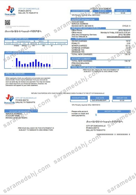 USA Texas City of Duncanville utility bill template in Word and PDF format